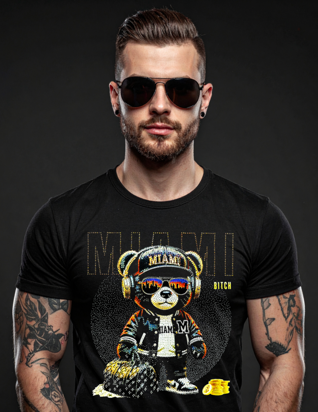 Miami Bling Bear Rhinestone T-Shirt – Luxury Streetwear Graphic Tee