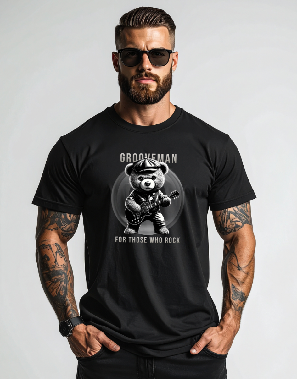 Grooveman “For Those Who Rock” Teddy – Streetwear Black Collection Graphic Tee