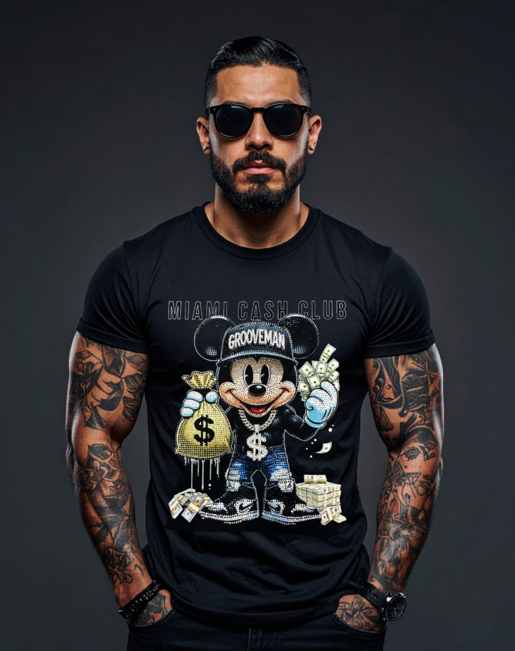 Miami Cash Club Rhinestone Tee – Limited Drop (Matches Jordan 4 Black Cat)