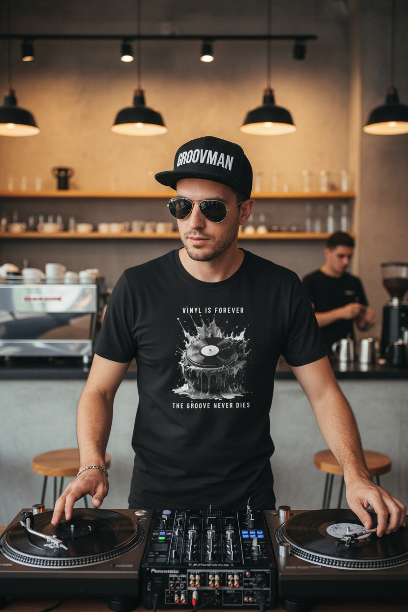 Black t-shirt with vinyl record design and text on a hanger against a dark background