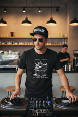 Black t-shirt with vinyl record design and text on a hanger against a dark background