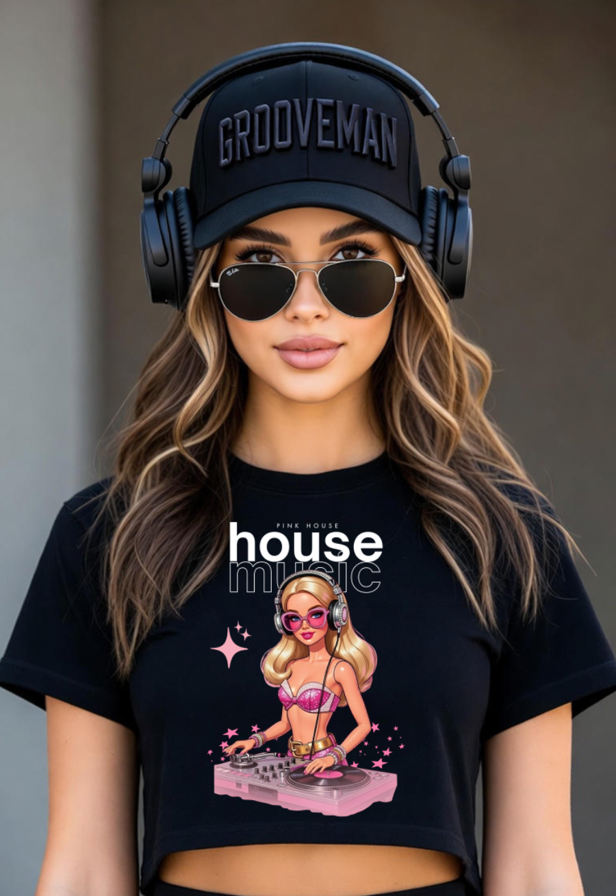 House Music Pink DJ Crop Tee – Women’s Streetwear by Grooveman