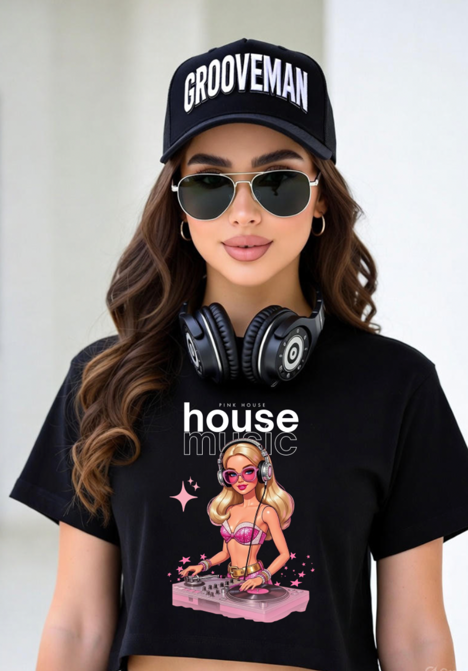 House Music Pink DJ Crop Tee – Women’s Streetwear by Grooveman