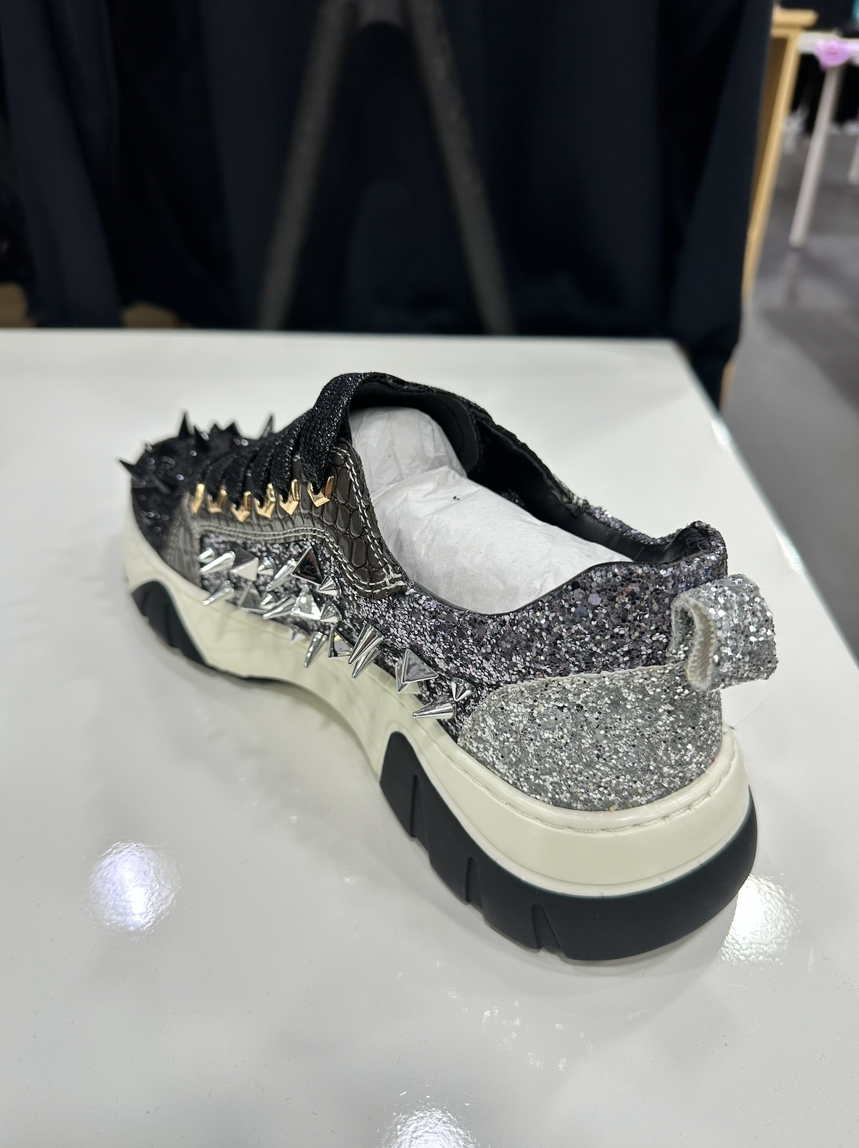 Dark Grey Glitter Silver Spikes Lace up Sneaker Encore by Fiesso