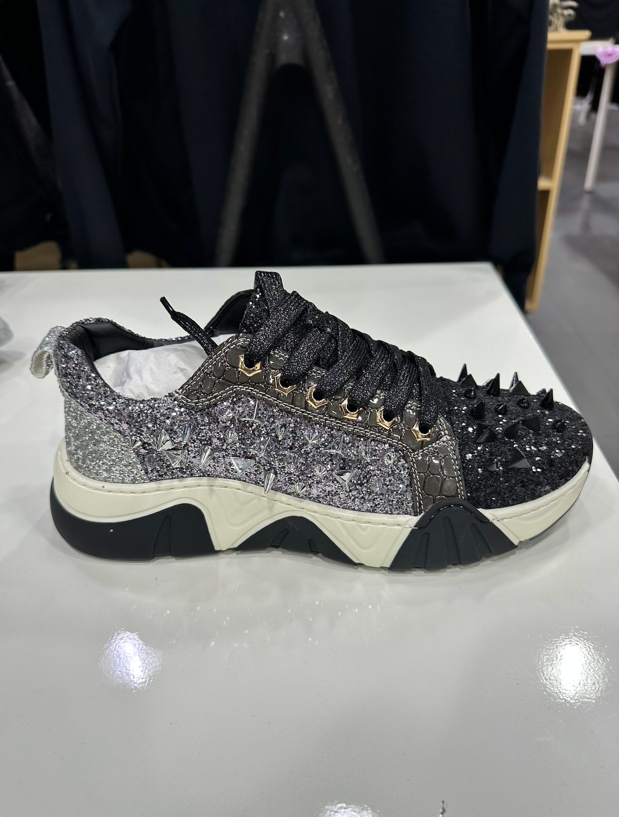 Dark Grey Glitter Silver Spikes Lace up Sneaker Encore by Fiesso