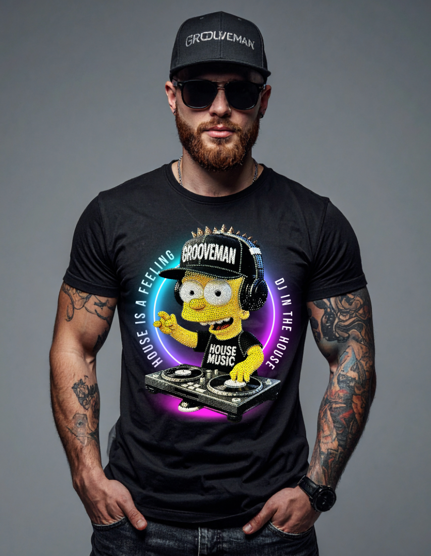 DJ In The House Rhinestone Graphic T-Shirt – House Music DJ Bling Tee | Grooveman Exclusive