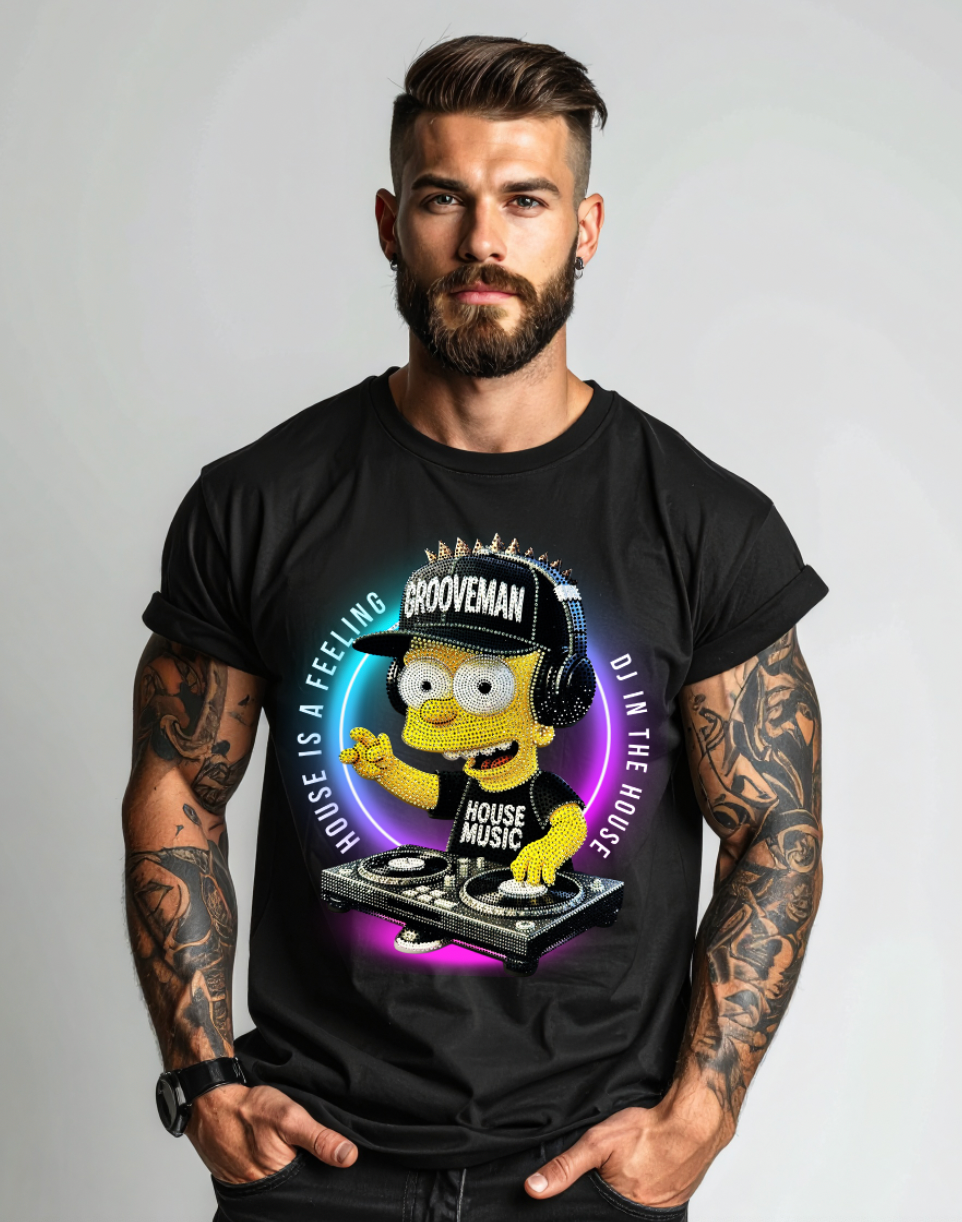 DJ In The House Rhinestone Graphic T-Shirt – House Music DJ Bling Tee | Grooveman Exclusive