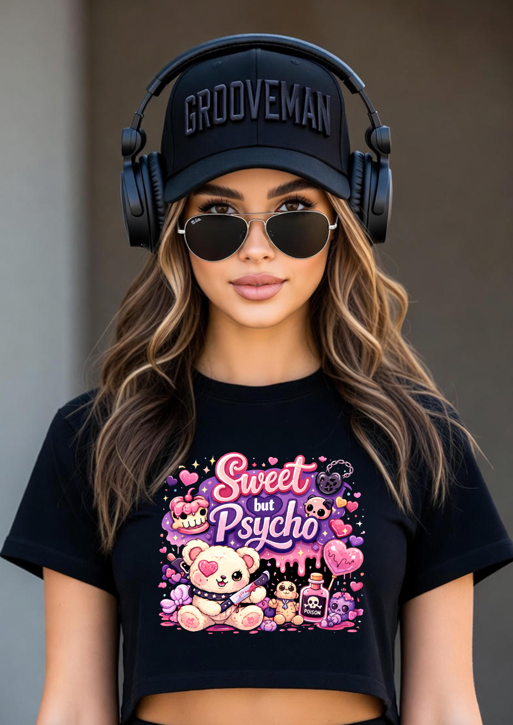 Sweet But Psycho Crop T-Shirt – Cute Teddy Graphic Baby Pink Streetwear Tee | Grooveman Exclusive