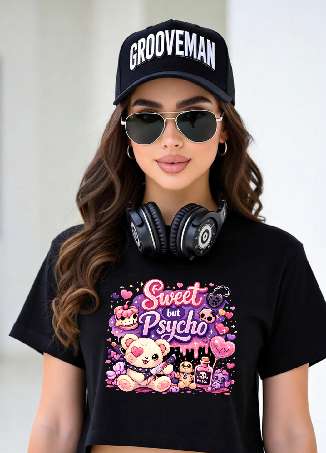 Sweet But Psycho Crop T-Shirt – Cute Teddy Graphic Baby Pink Streetwear Tee | Grooveman Exclusive