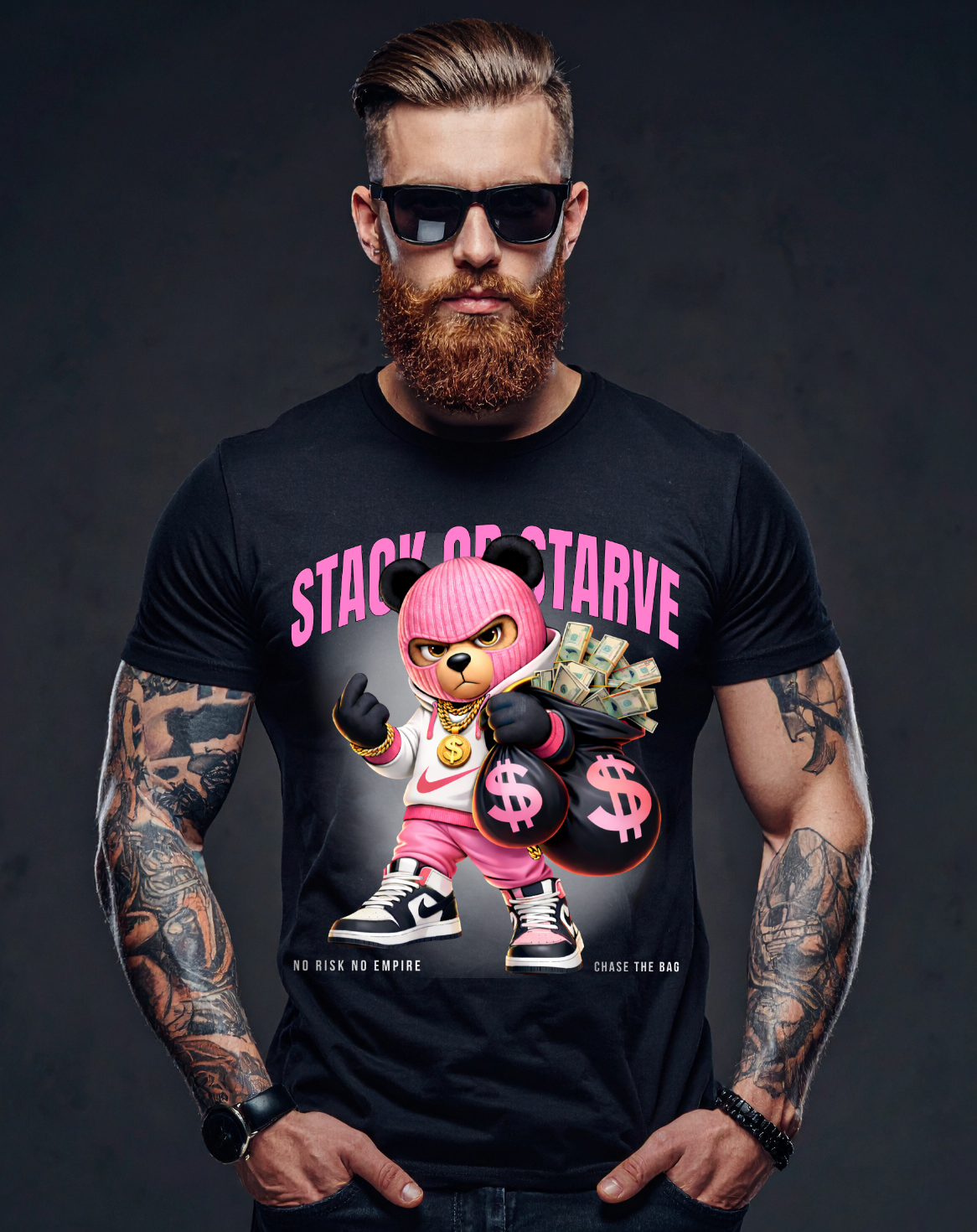 Men’s Graphic T-Shirt “Stack or Starve” Pink Bear – Regular Fit GROOVEMAN