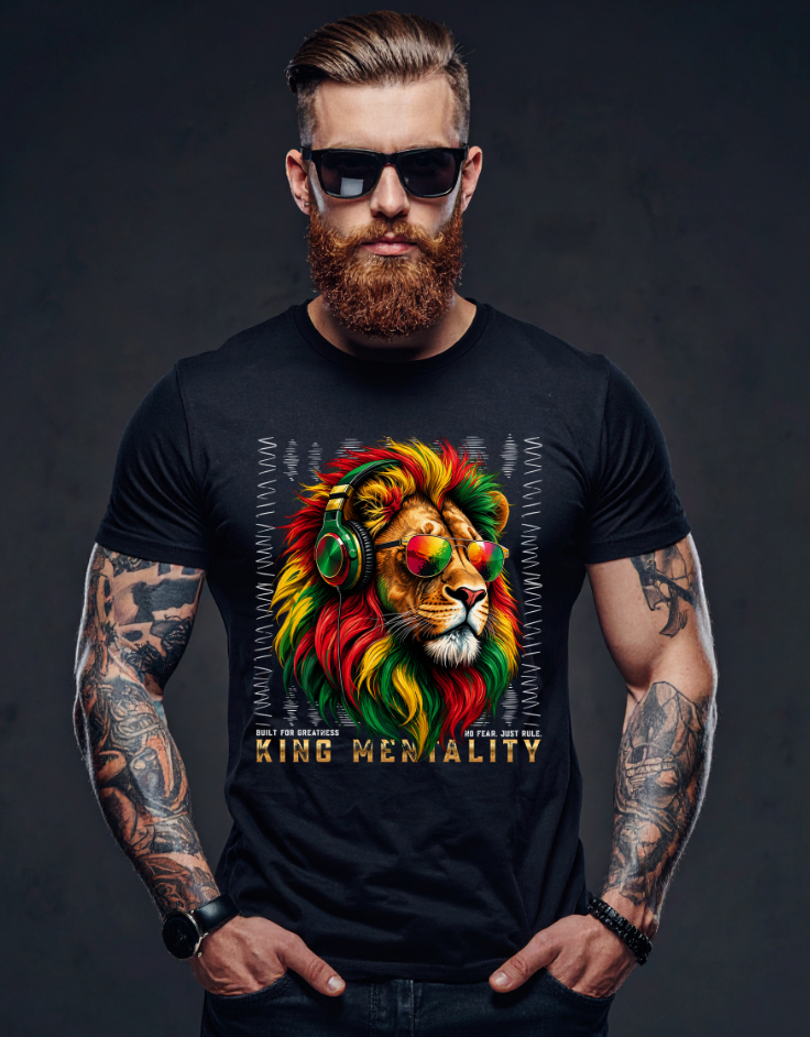 Men’s Graphic T-Shirt – KING MENTALITY Rasta Lion | Reggae Streetwear Tee | Grooveman Exclusive