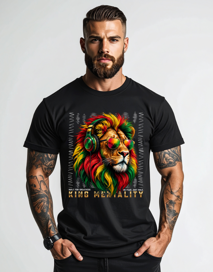 Men’s Graphic T-Shirt – KING MENTALITY Rasta Lion | Reggae Streetwear Tee | Grooveman Exclusive