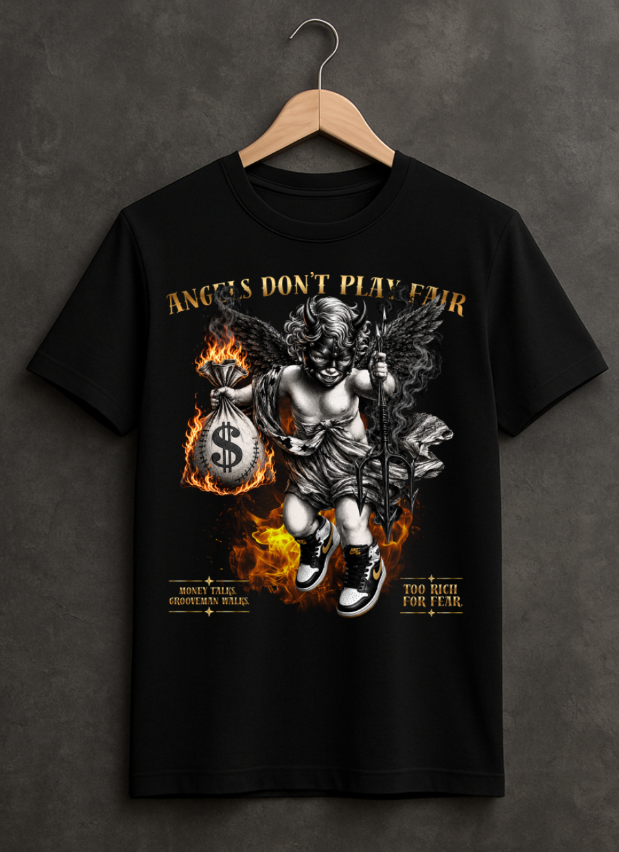 Grooveman Angels Don’t Play Fair Graphic T-Shirt – Premium Black Streetwear Tee
