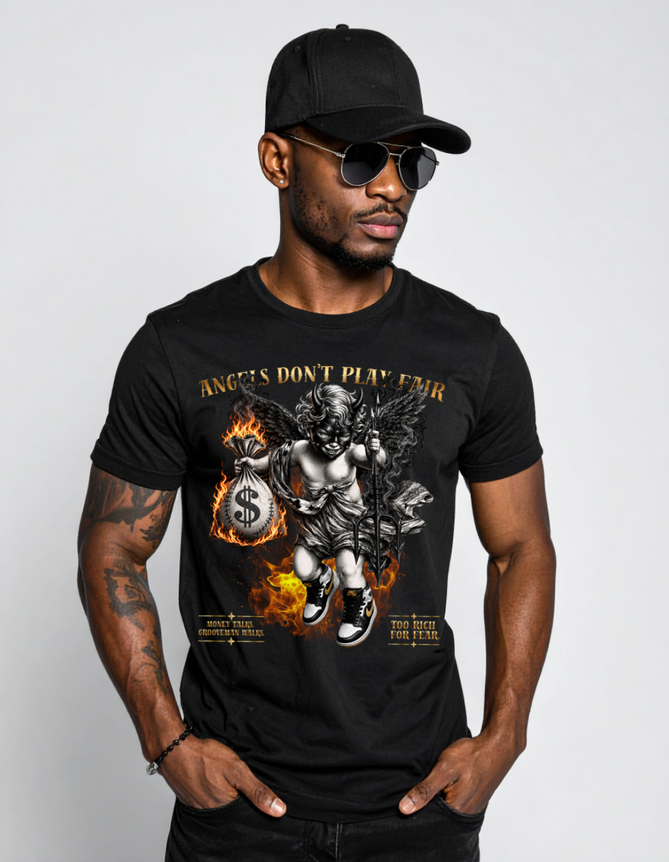 Grooveman Angels Don’t Play Fair Graphic T-Shirt – Premium Black Streetwear Tee