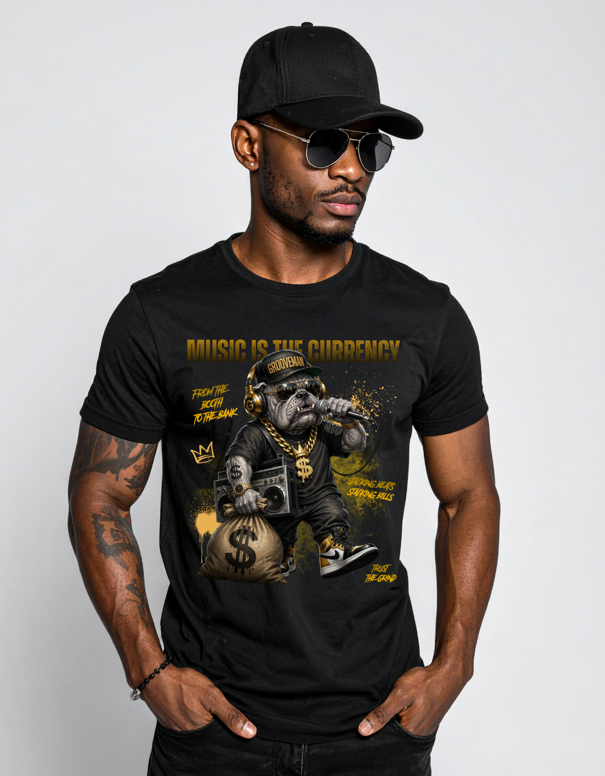 Music Is The Currency Bulldog Graphic T-Shirt – Black Streetwear Tee