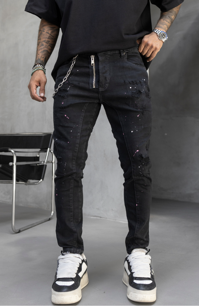 Black Island Men’s Black Distressed Jeans with Front Zipper & Chain