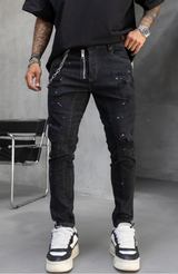 Black Island Men’s Black Distressed Jeans with Front Zipper & Chain