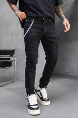 Black Island Men’s Black Distressed Slim Fit Jeans with Chain