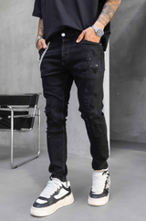 Black Island Men’s Black Distressed Slim Fit Jeans with Chain