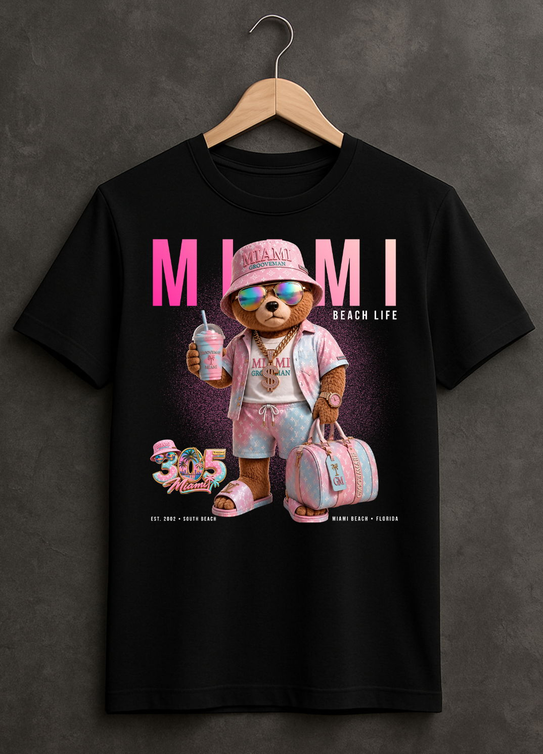 Miami Beach Life 305 Teddy Bear Women’s Graphic T-Shirt – Black & White
