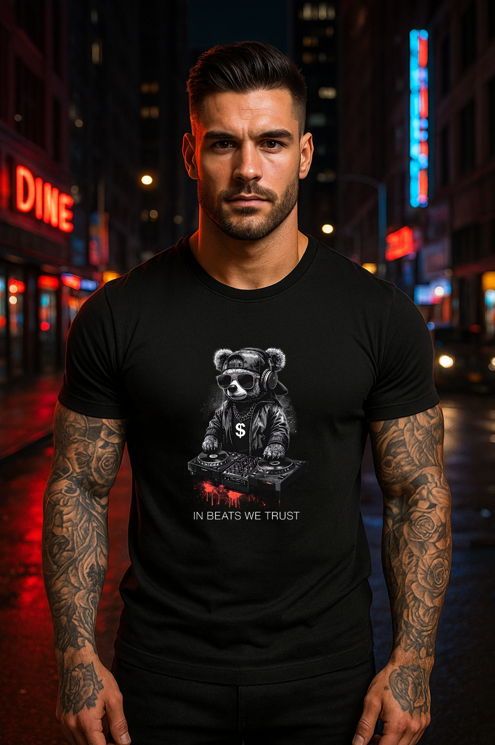 Men’s DJ Bear T-Shirt – “In Beats We Trust” Black Graphic | Grooveman