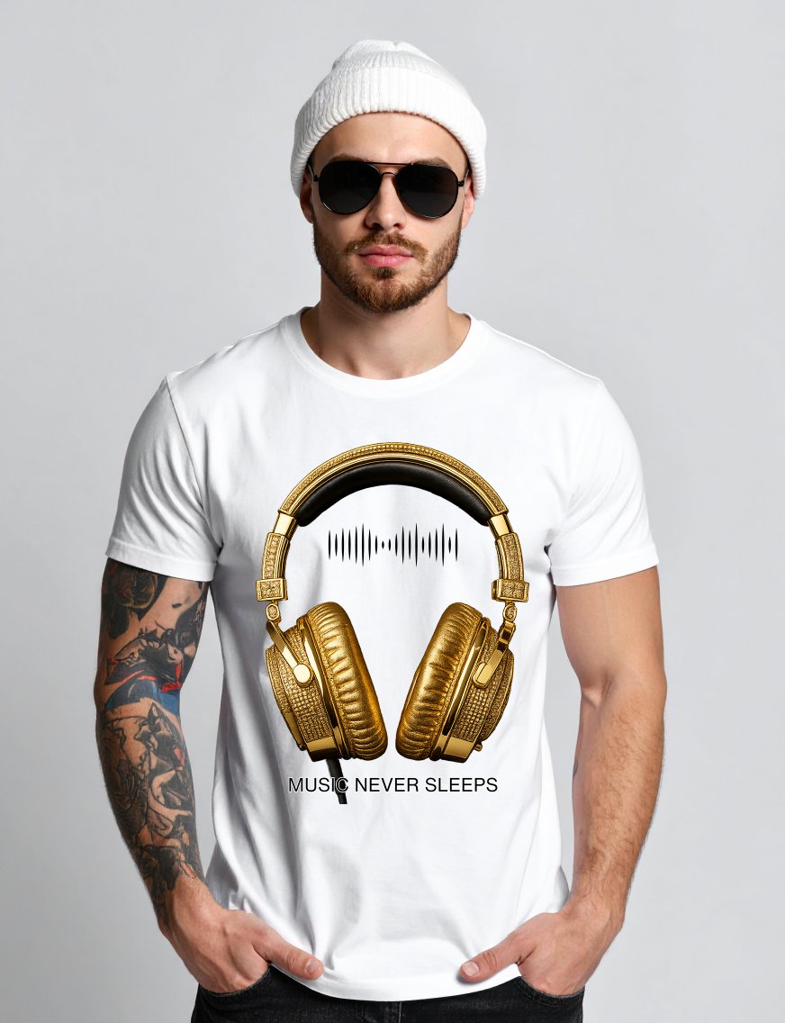 Men’s Music Never Sleeps T-Shirt – Gold Headphones Graphic | Grooveman