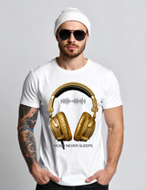 Men’s Music Never Sleeps T-Shirt – Gold Headphones Graphic | Grooveman