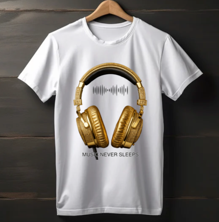 Men’s Music Never Sleeps T-Shirt – Gold Headphones Graphic | Grooveman