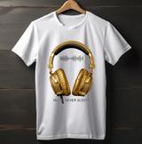 Men’s Music Never Sleeps T-Shirt – Gold Headphones Graphic | Grooveman