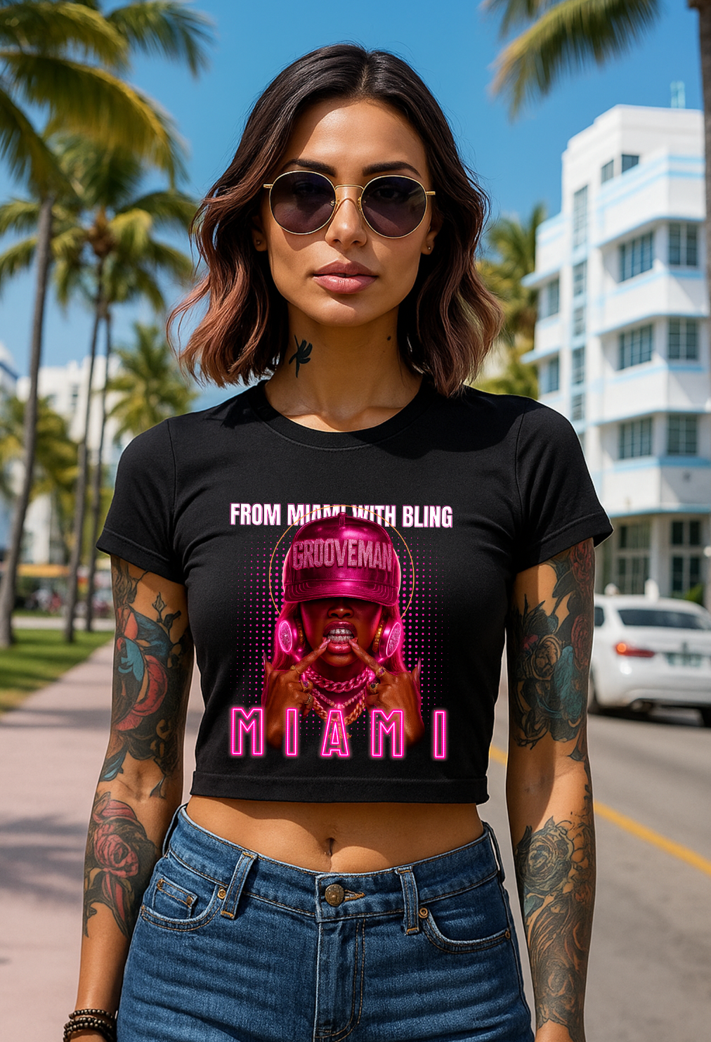 Grooveman “From Miami With Bling” Crop Tee – Neon Pink Miami Vice Graphic T-Shirt