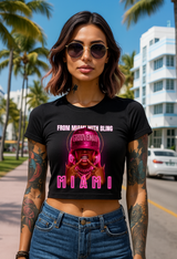 Grooveman “From Miami With Bling” Crop Tee – Neon Pink Miami Vice Graphic T-Shirt