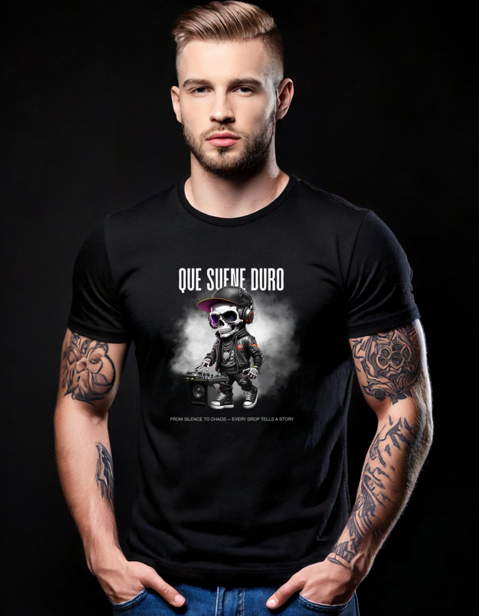 Grooveman Black Collection — Que Suene Duro Skull DJ T-Shirt