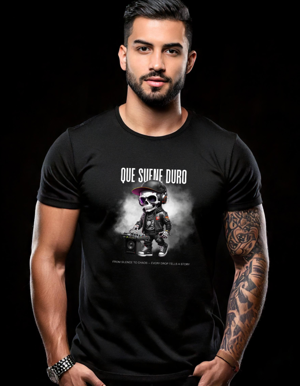 Grooveman Black Collection — Que Suene Duro Skull DJ T-Shirt