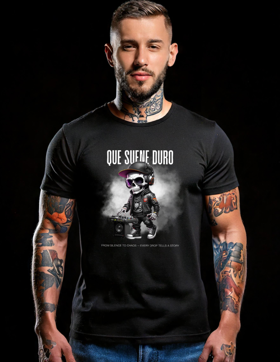 Grooveman Black Collection — Que Suene Duro Skull DJ T-Shirt