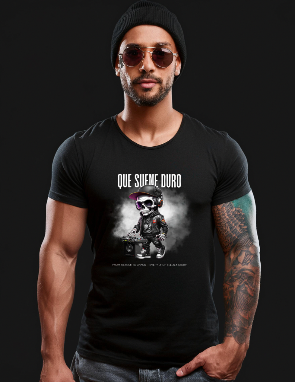 Grooveman Black Collection — Que Suene Duro Skull DJ T-Shirt