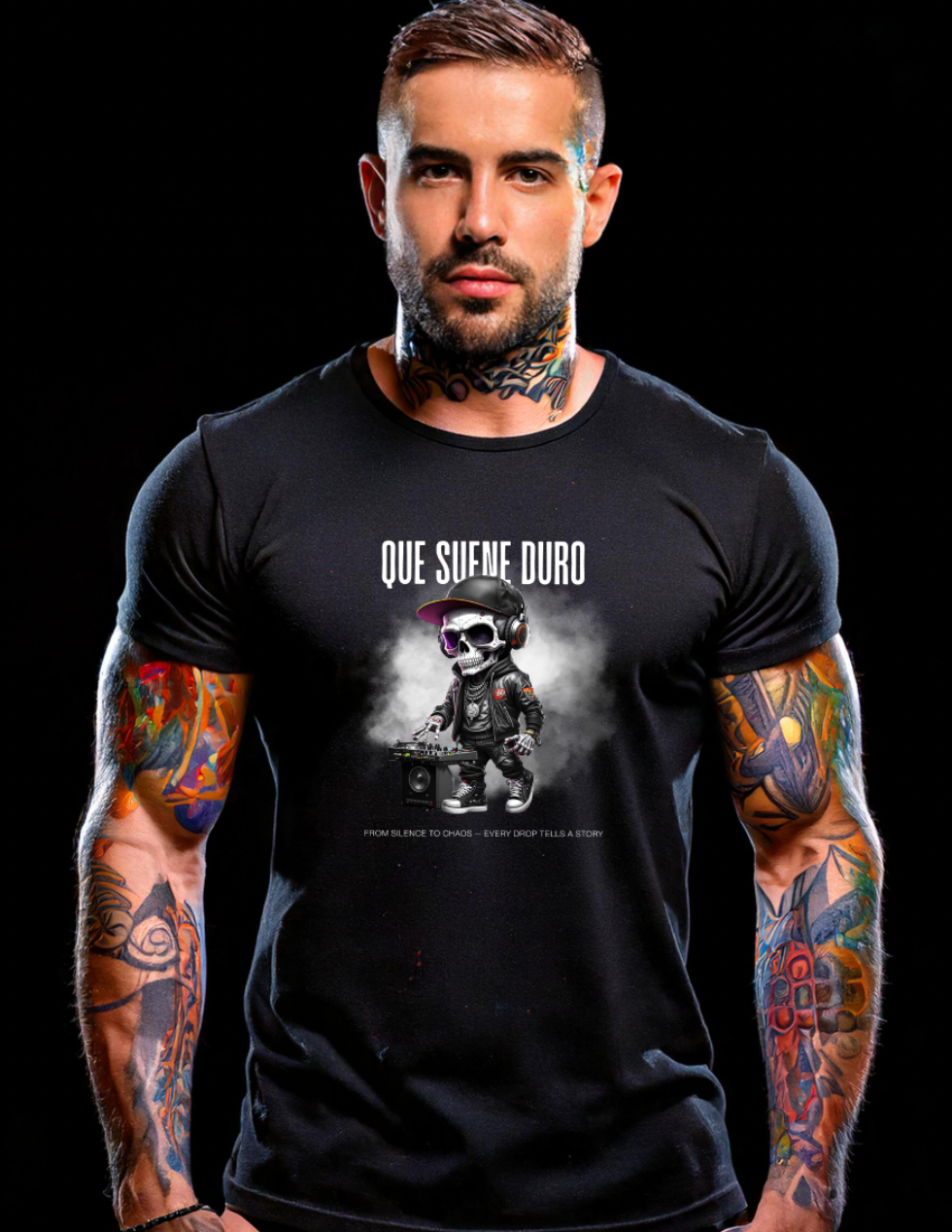 Grooveman Black Collection — Que Suene Duro Skull DJ T-Shirt