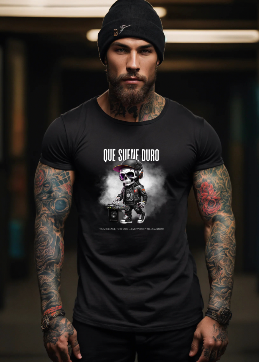 Grooveman Black Collection — Que Suene Duro Skull DJ T-Shirt