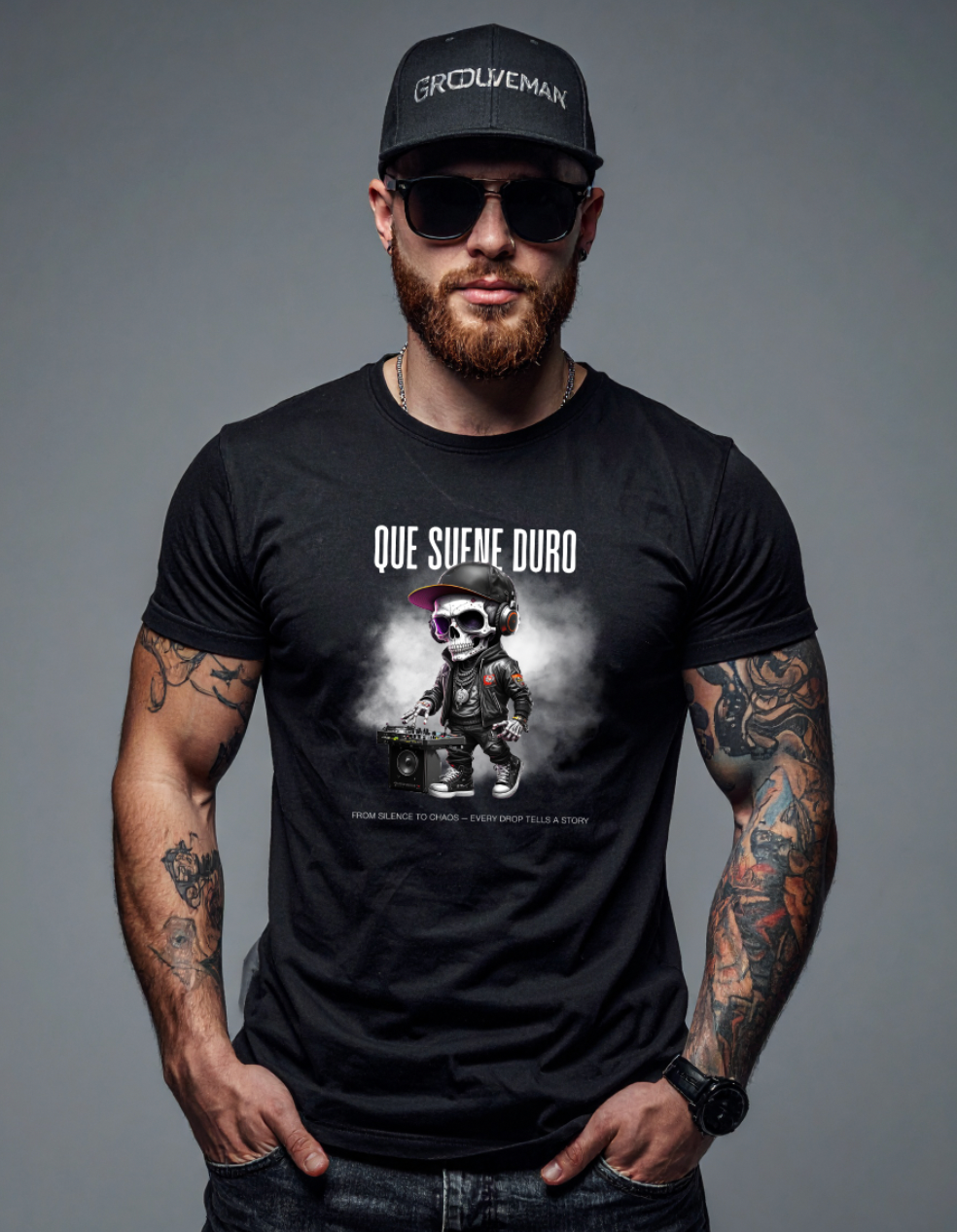 Grooveman Black Collection — Que Suene Duro Skull DJ T-Shirt