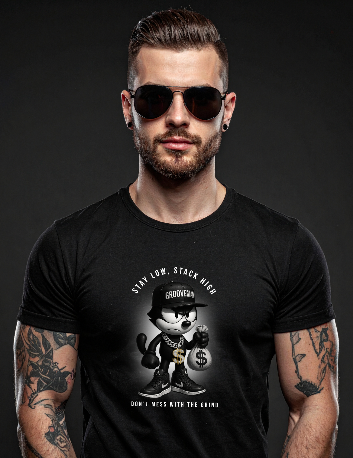 Stay Low, Stack High – Felix The Cat Grind Mode Black Collection T-Shirt
