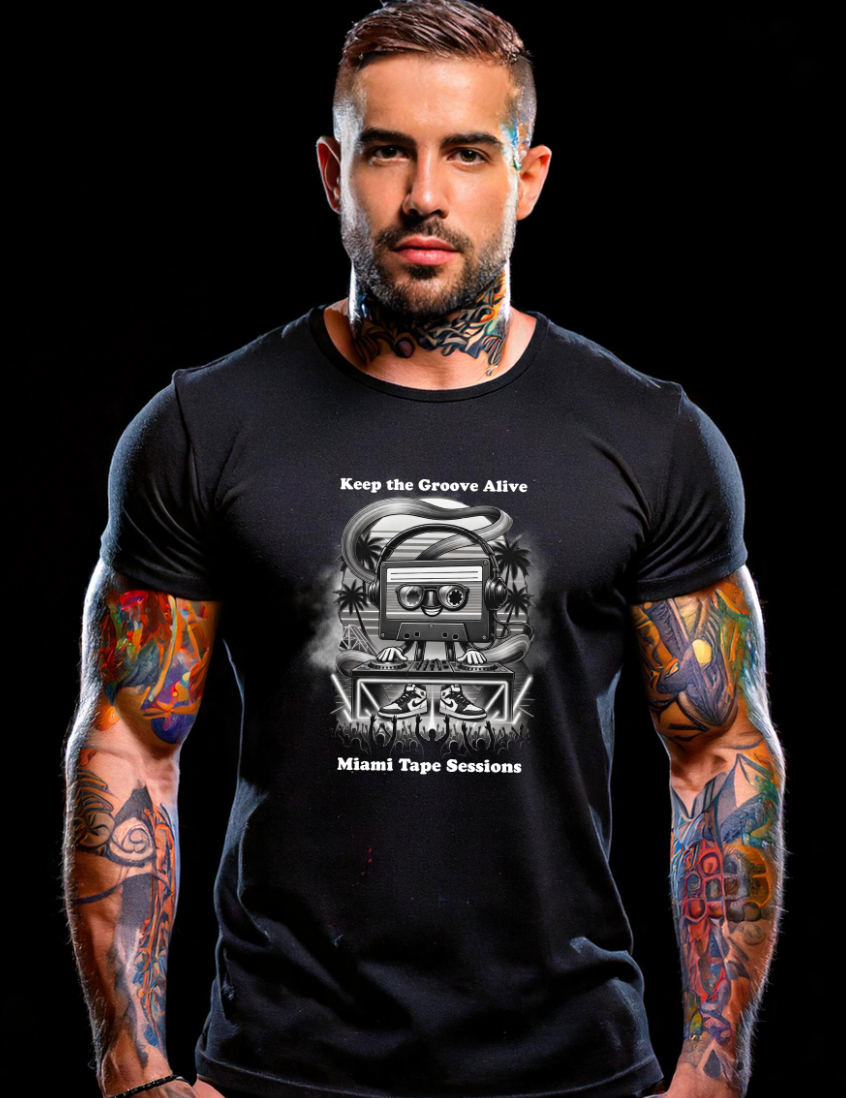 Miami Tape Sessions DJ T-Shirt | Retro Cassette Graphic Tee | Grooveman Music