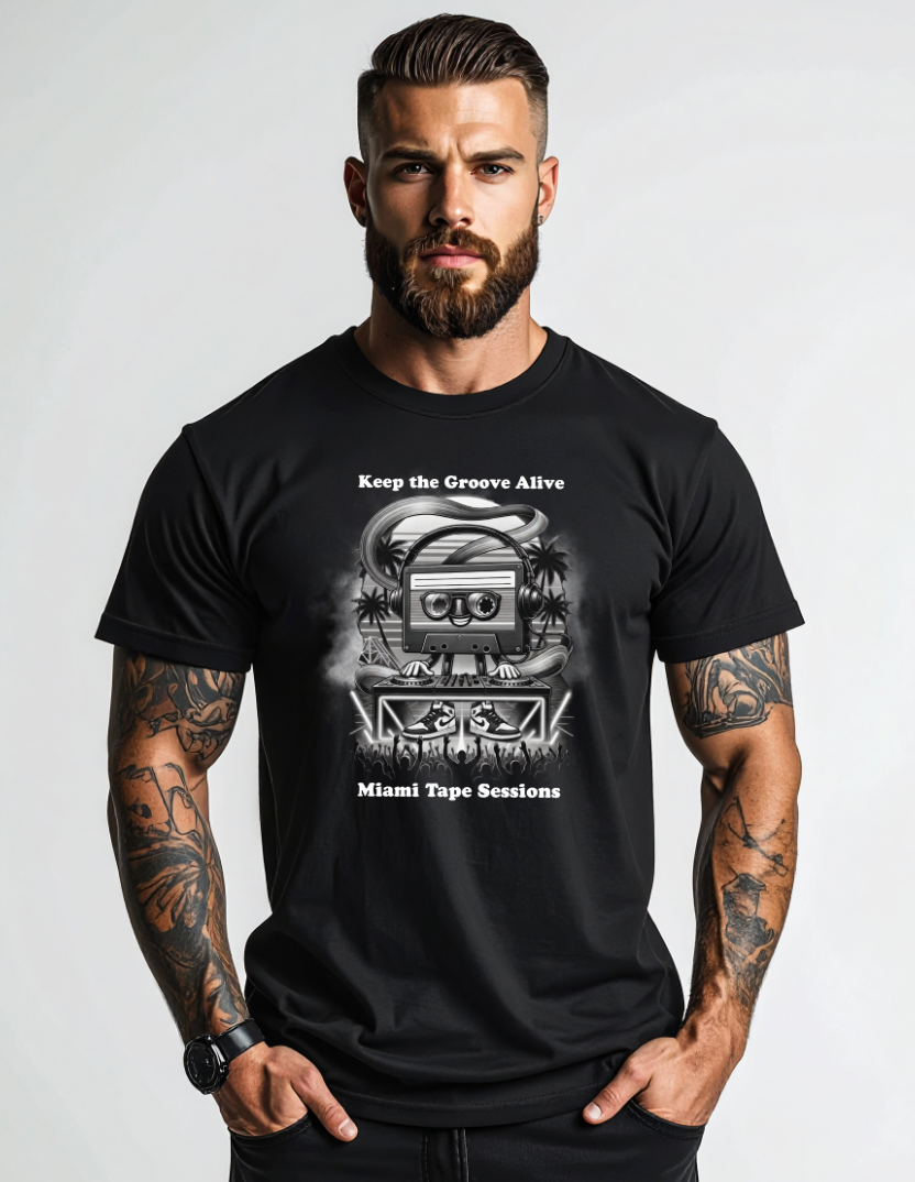 Miami Tape Sessions DJ T-Shirt | Retro Cassette Graphic Tee | Grooveman Music
