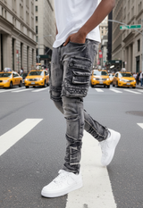 Men’s Distressed Cargo Jeans – Washed Grey Streetwear Denim – GROOVEMAN