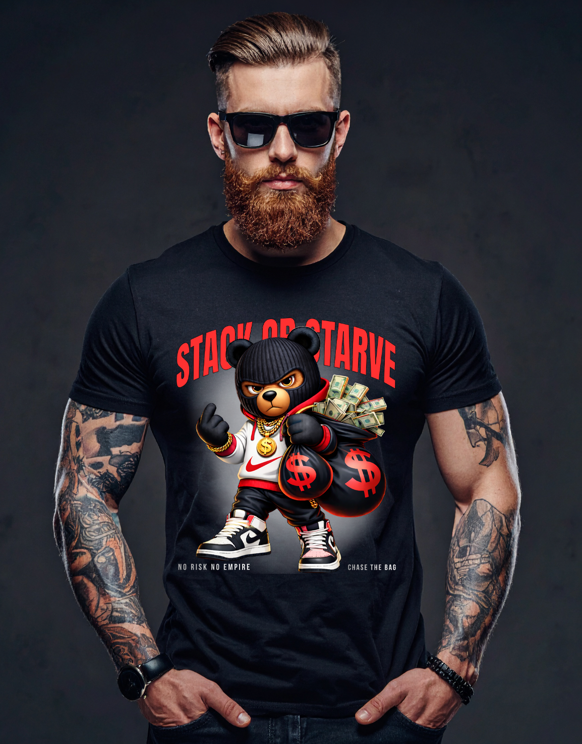 Men’s White Graphic T-Shirt “Stack or Starve” Red Bear – Regular Fit GROOVEMAN