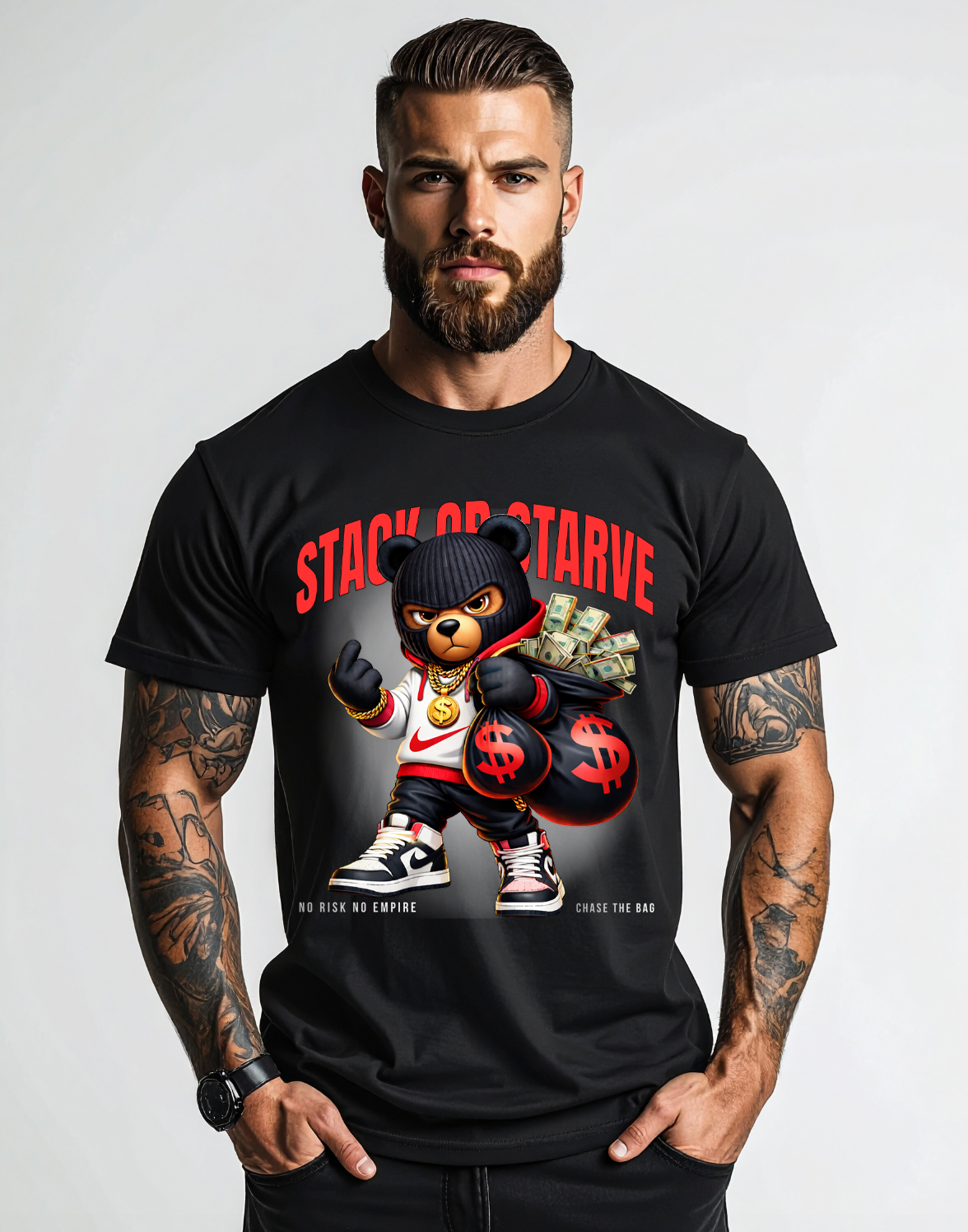 Men’s White Graphic T-Shirt “Stack or Starve” Red Bear – Regular Fit GROOVEMAN