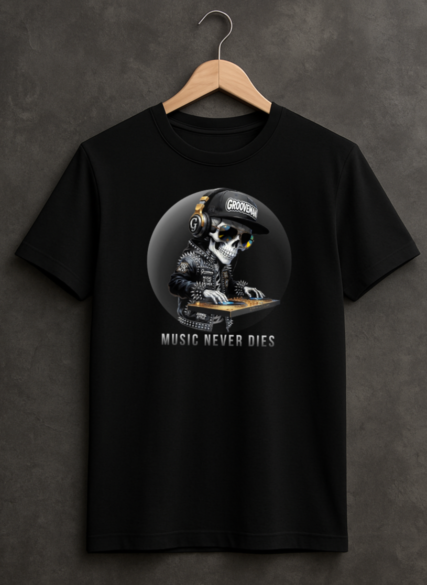 Music Never Dies Graphic T-Shirt – DJ Skeleton Streetwear Tee