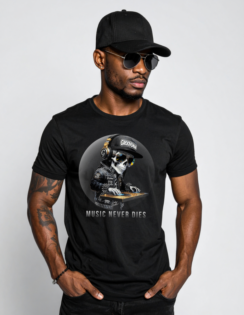 Music Never Dies Graphic T-Shirt – DJ Skeleton Streetwear Tee