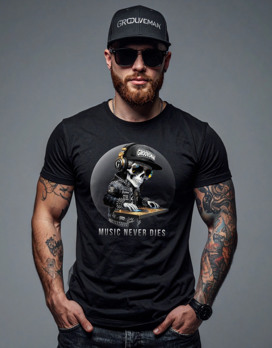 Music Never Dies Graphic T-Shirt – DJ Skeleton Streetwear Tee