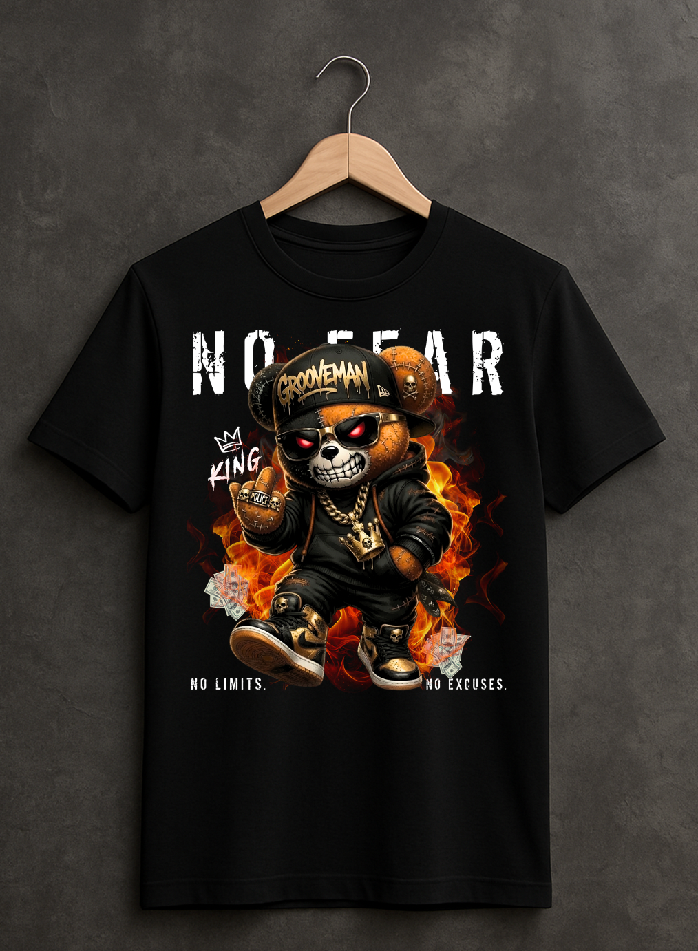 No Fear Skull Teddy Tee – Streetwear Graphic T-Shirt for Men | Grooveman