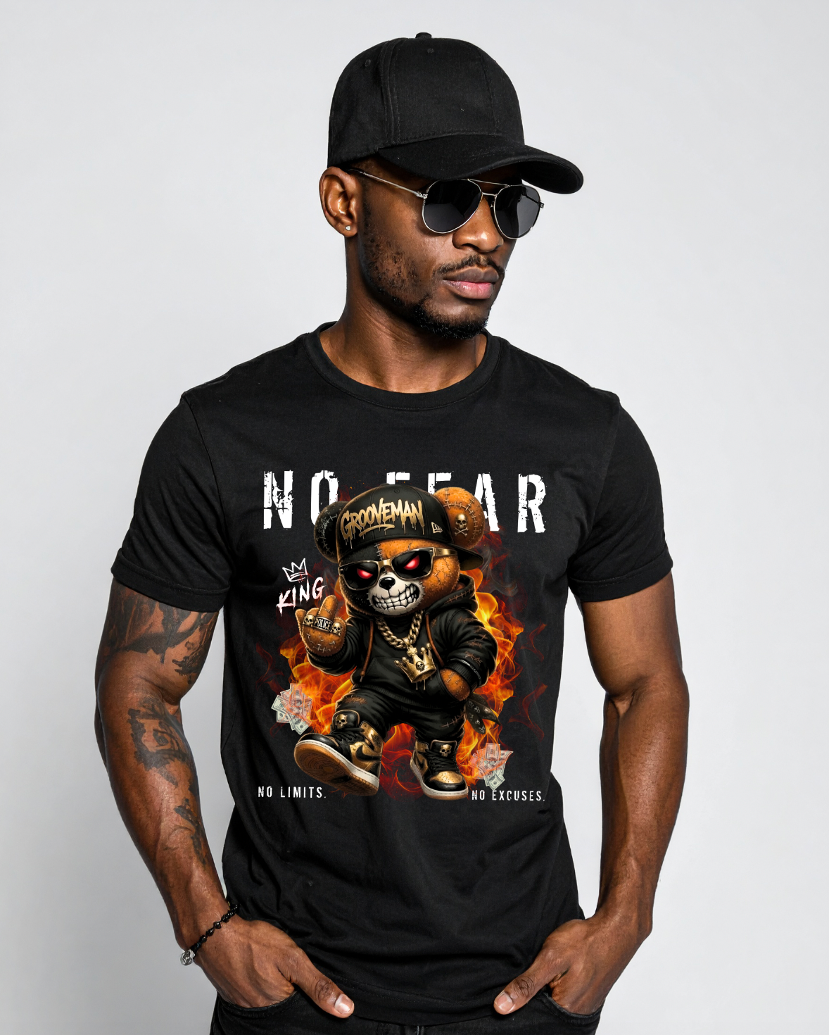 No Fear Skull Teddy Tee – Streetwear Graphic T-Shirt for Men | Grooveman