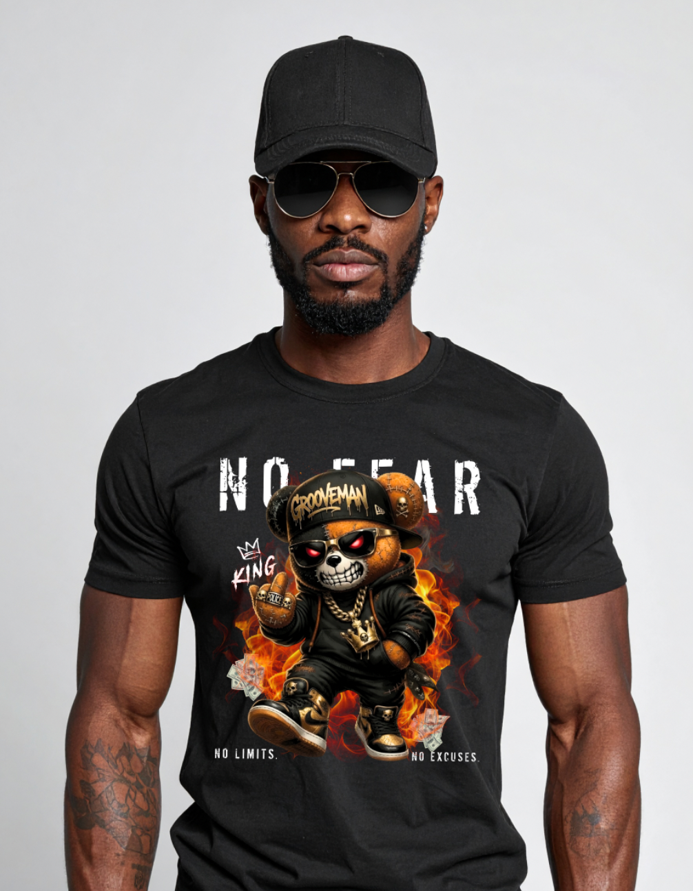 No Fear Skull Teddy Tee – Streetwear Graphic T-Shirt for Men | Grooveman